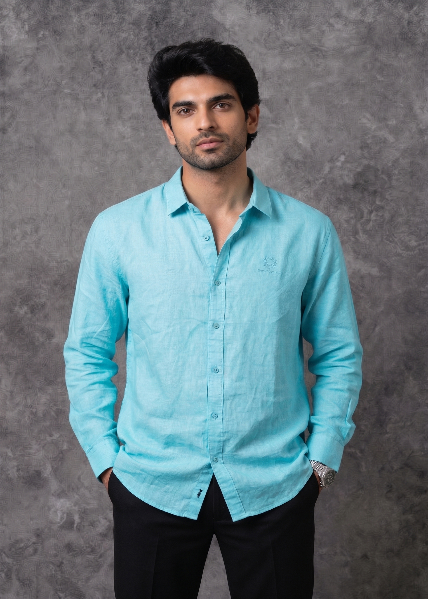 Men's Aqua Blue Solid Casual Linen Shirt – Slim Fit, Long Sleeves