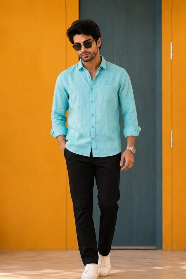 Men's Aqua Blue Solid Casual Linen Shirt – Slim Fit, Long Sleeves