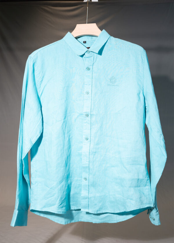 Men's Aqua Blue Solid Casual Linen Shirt – Slim Fit, Long Sleeves