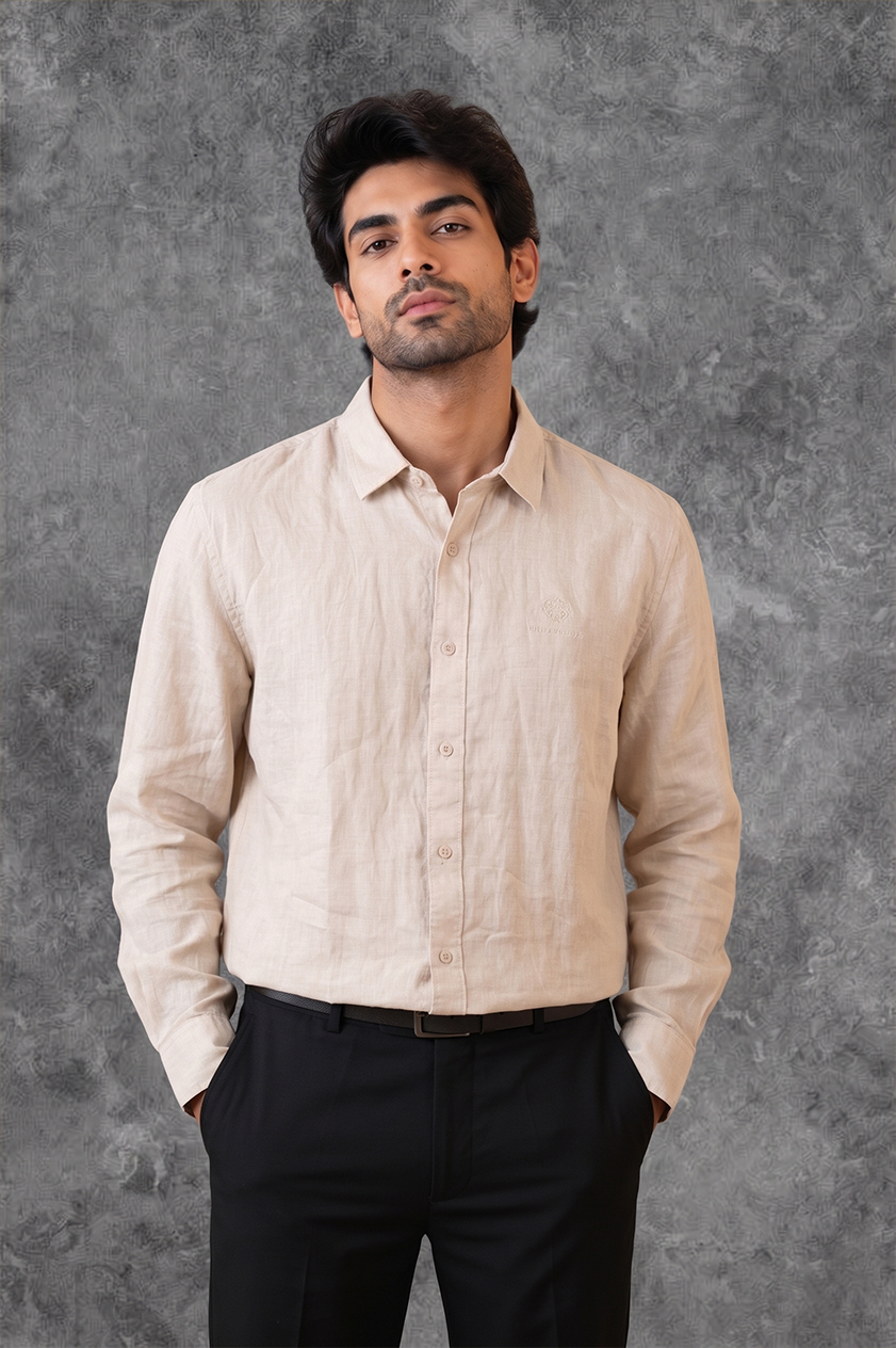 Men's Beige Solid Casual Linen Shirt – Slim Fit, Long Sleeves