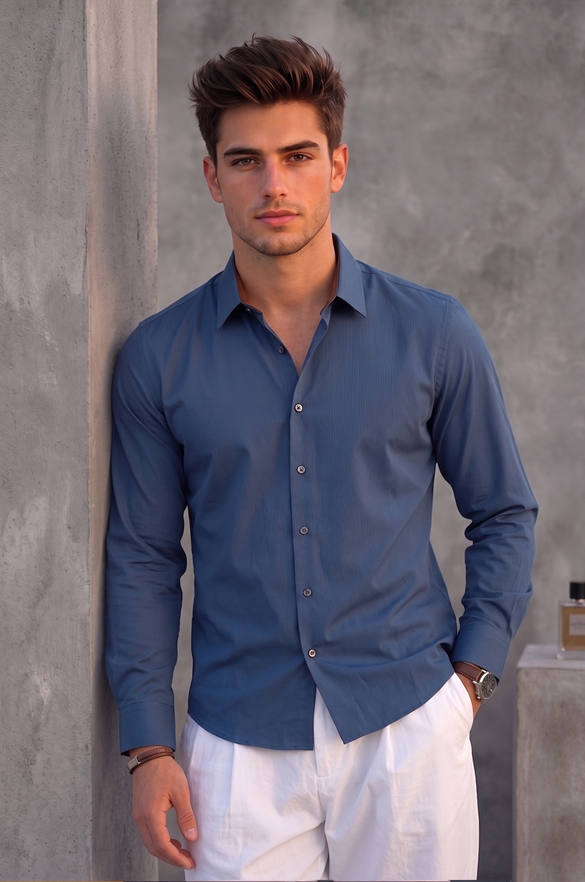 Men's Steel Blue Solid Casual Shirt – Slim Fit, Long Sleeves