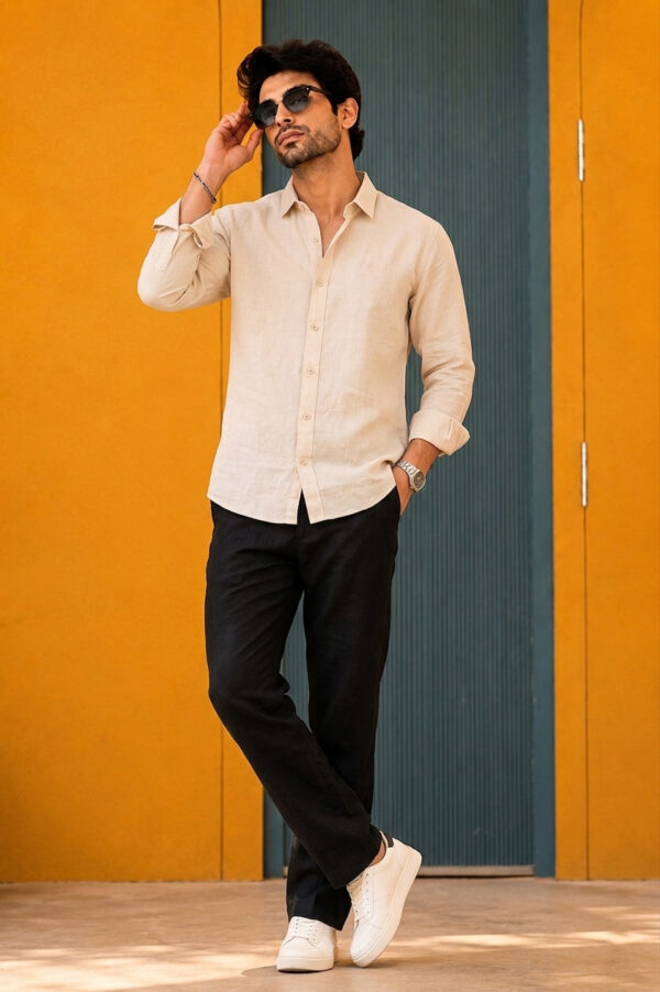 Men's Beige Solid Casual Linen Shirt – Slim Fit, Long Sleeves