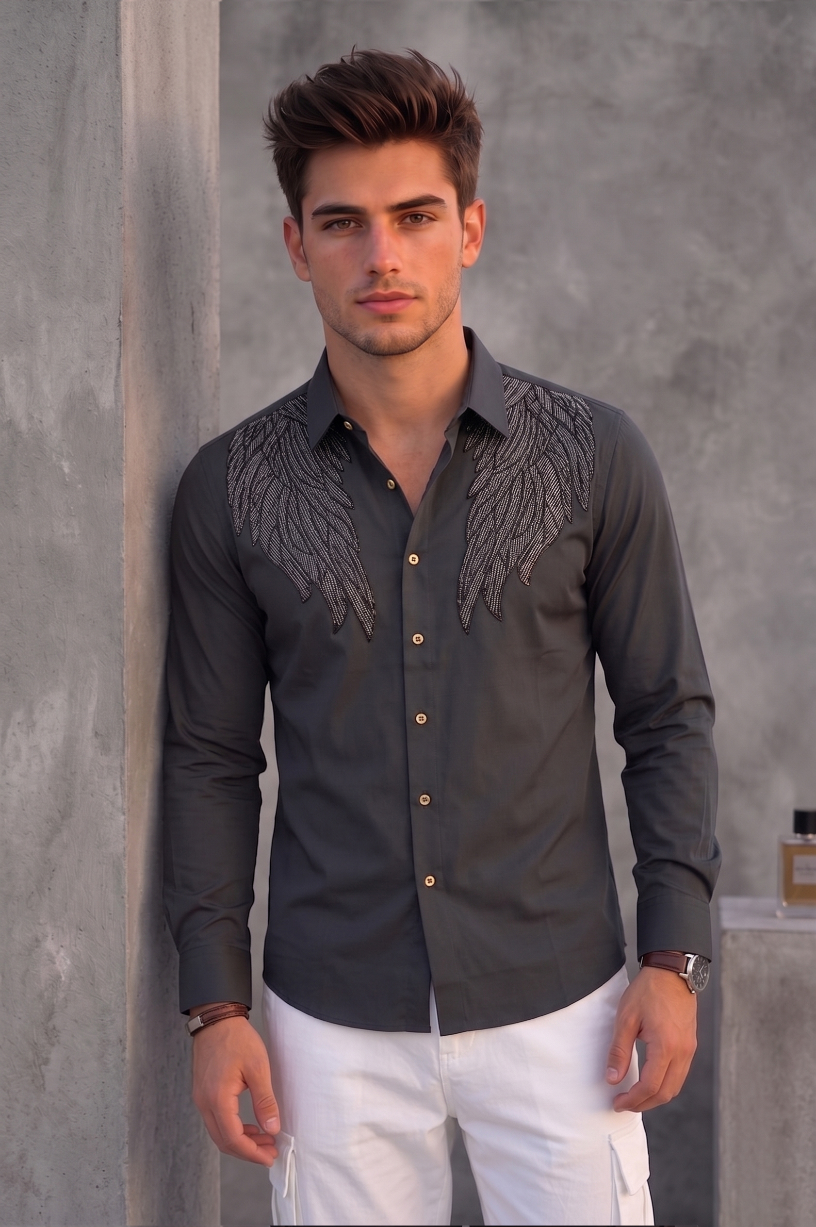 Men's Charcoal Grey Wing Embroidered Shirt – Slim Fit Party Wear