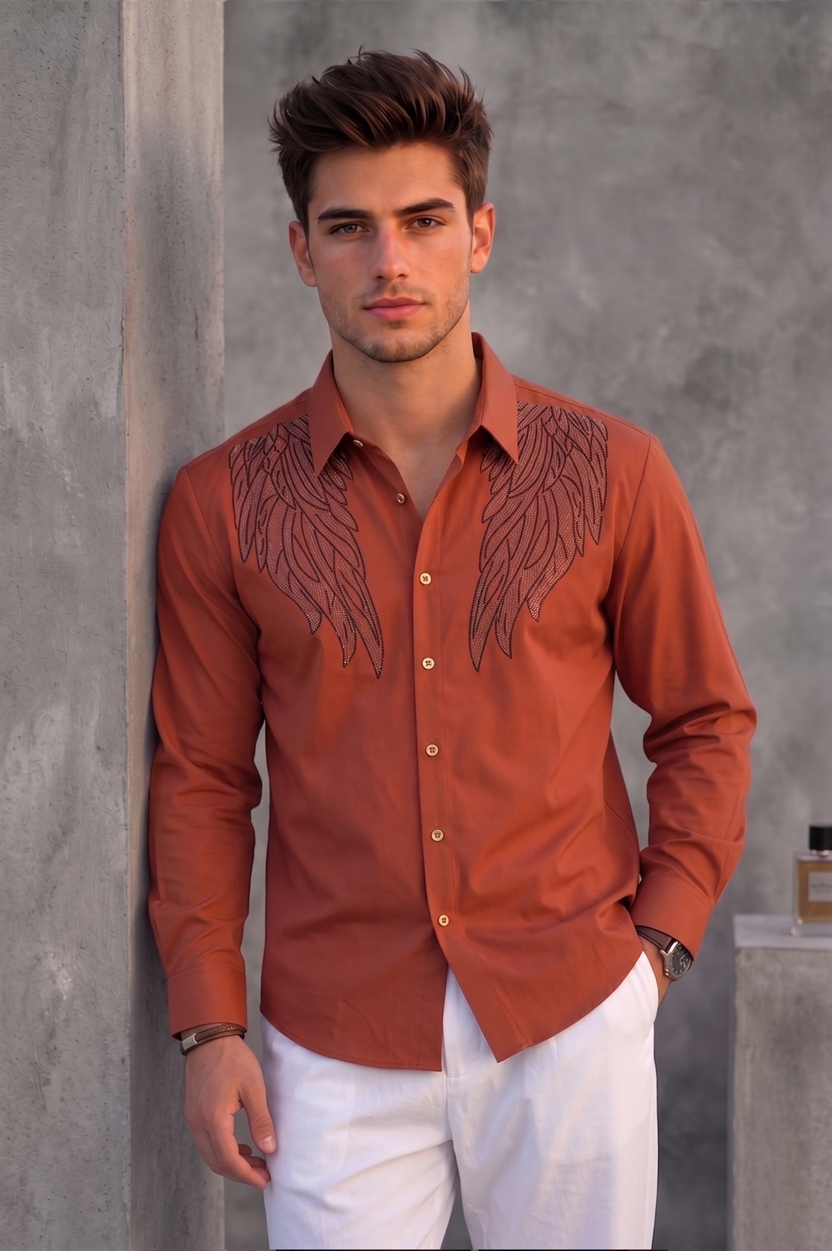 Men's Rust Orange Wing Embroidered Shirt – Slim Fit Party Wear