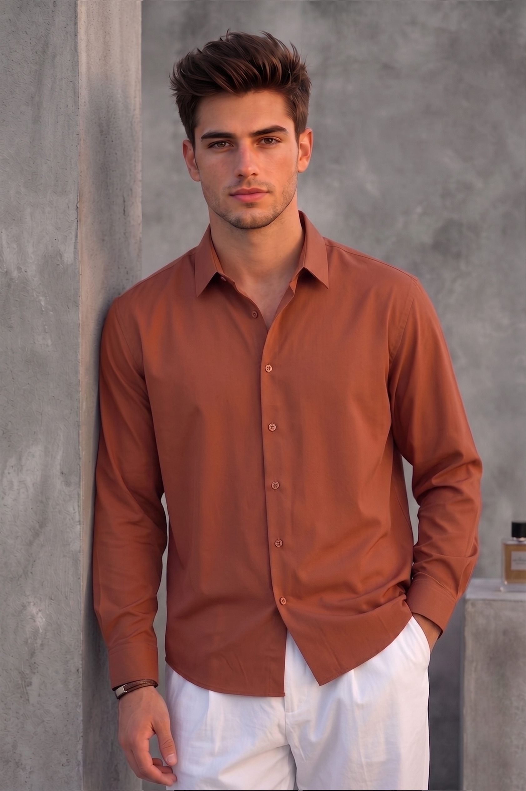 Men's Rust Orange Solid Casual Shirt – Slim Fit, Long Sleeves