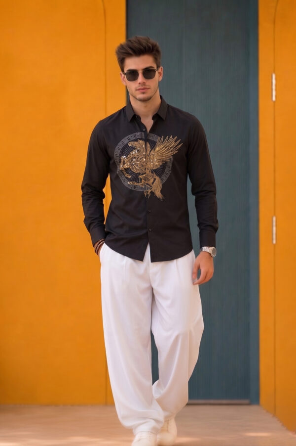 Men's Black Pegasus Embroidered Shirt – Slim Fit Metallic Party Wear