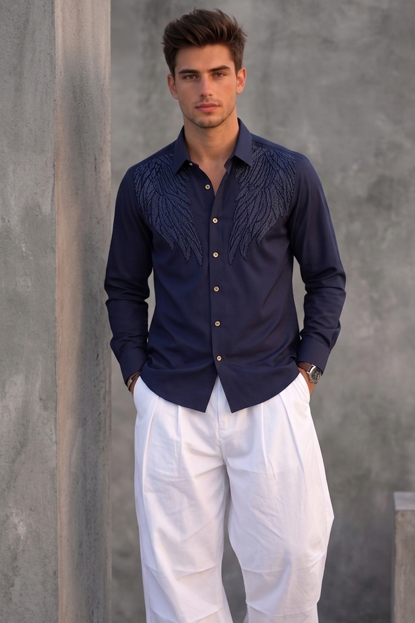 Men's Navy Blue Wing Embroidered Shirt – Slim Fit Party Wear