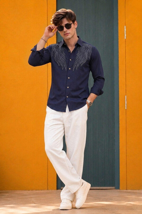 Men's Navy Blue Wing Embroidered Shirt – Slim Fit Party Wear