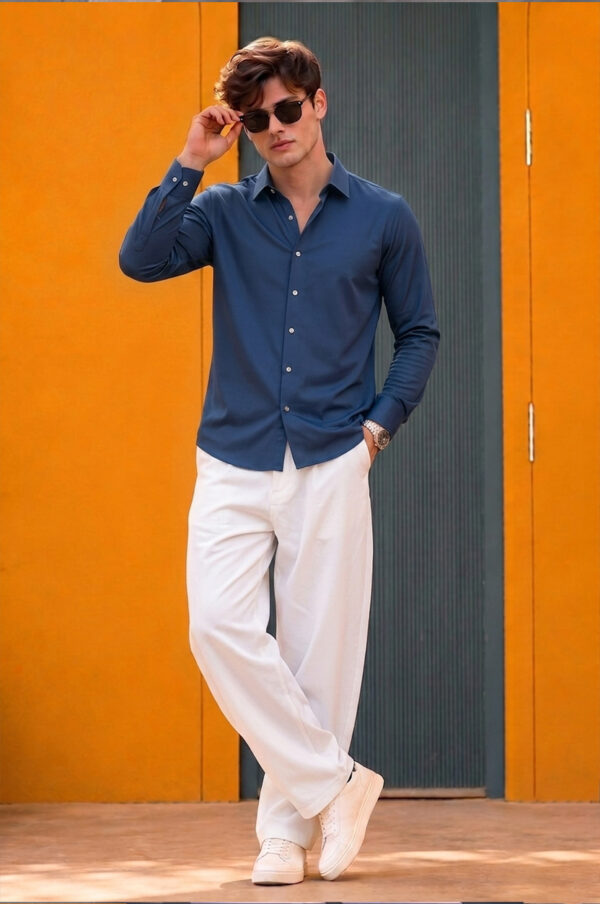 Men's Steel Blue Solid Casual Shirt – Slim Fit, Long Sleeves