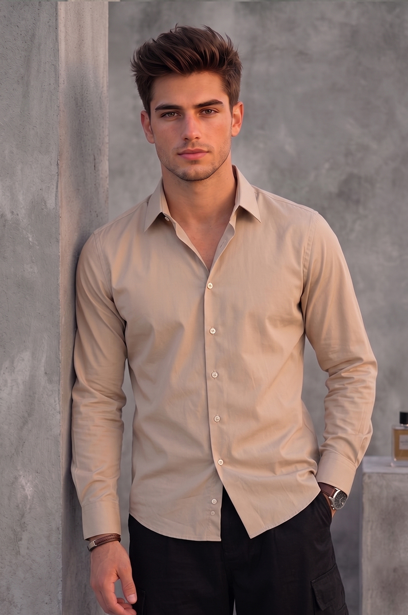 Men's Khaki Beige Solid Casual Shirt – Slim Fit, Long Sleeves