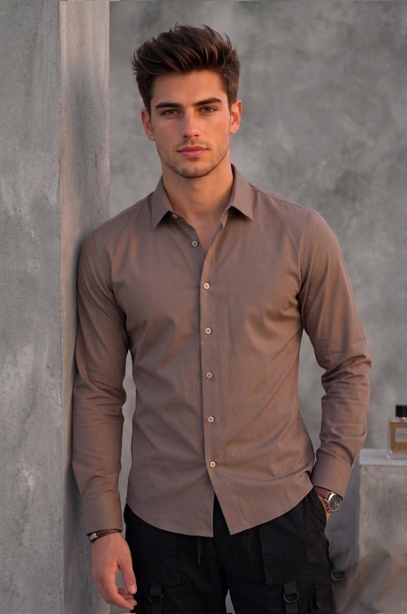 Men's Taupe Brown Solid Casual Shirt – Slim Fit, Long Sleeves