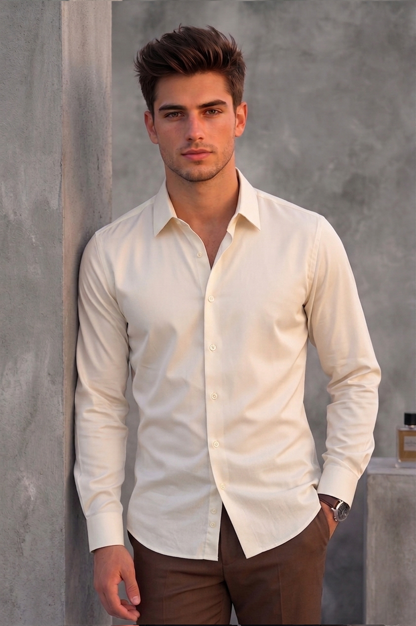 Men's Cream Solid Casual Shirt – Slim Fit, Long Sleeves