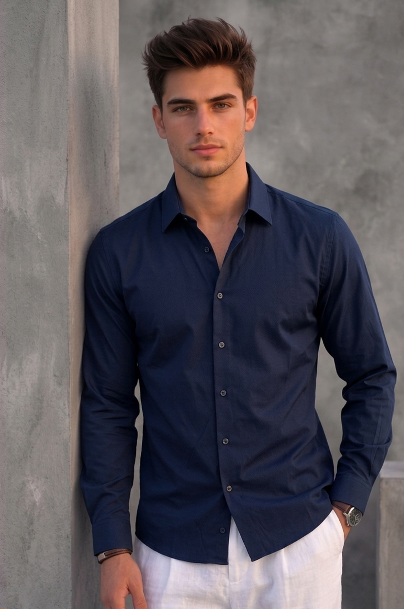 Men's Navy Blue Solid Casual Shirt – Slim Fit, Long Sleeves