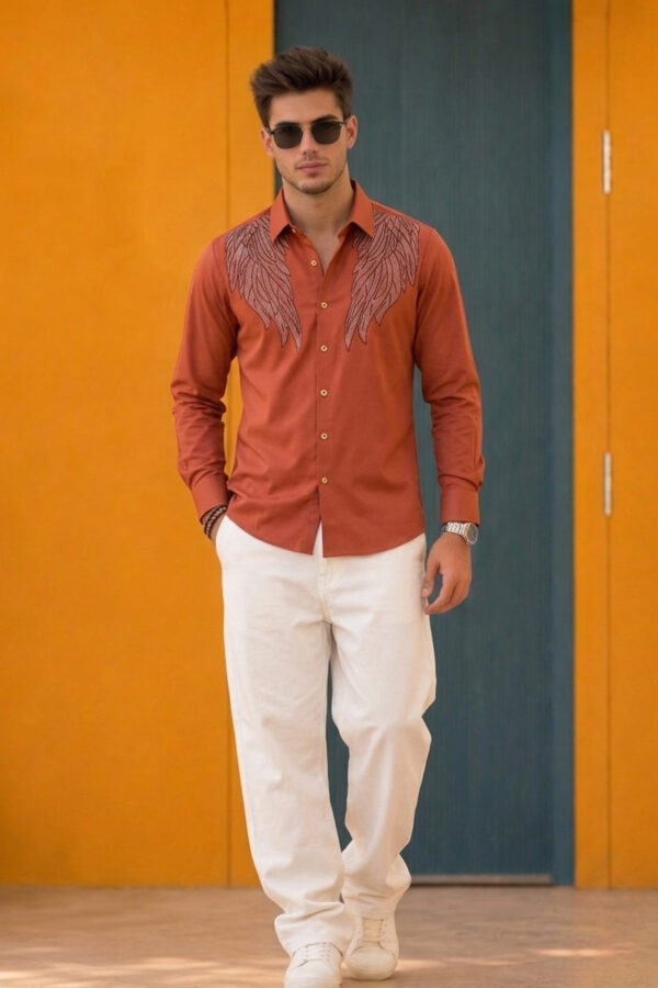 Men's Rust Orange Wing Embroidered Shirt – Slim Fit Party Wear