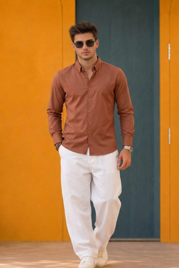 Men's Rust Orange Solid Casual Shirt – Slim Fit, Long Sleeves