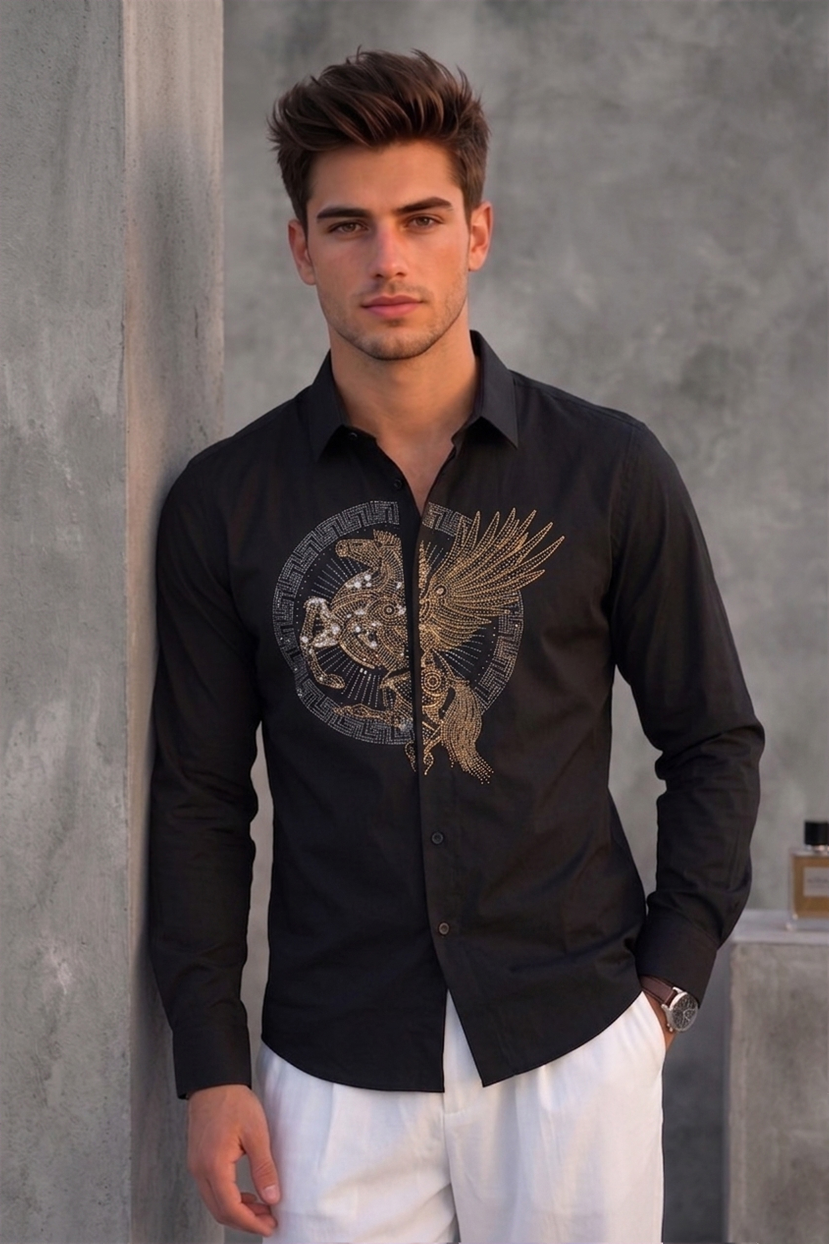 Men's Black Pegasus Embroidered Shirt – Slim Fit Metallic Party Wear