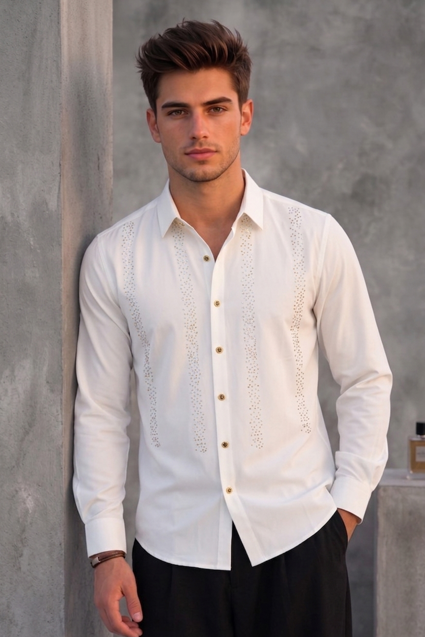 Men's Off-White Crystal Embellished Shirt – Slim Fit Luxury Party Wear