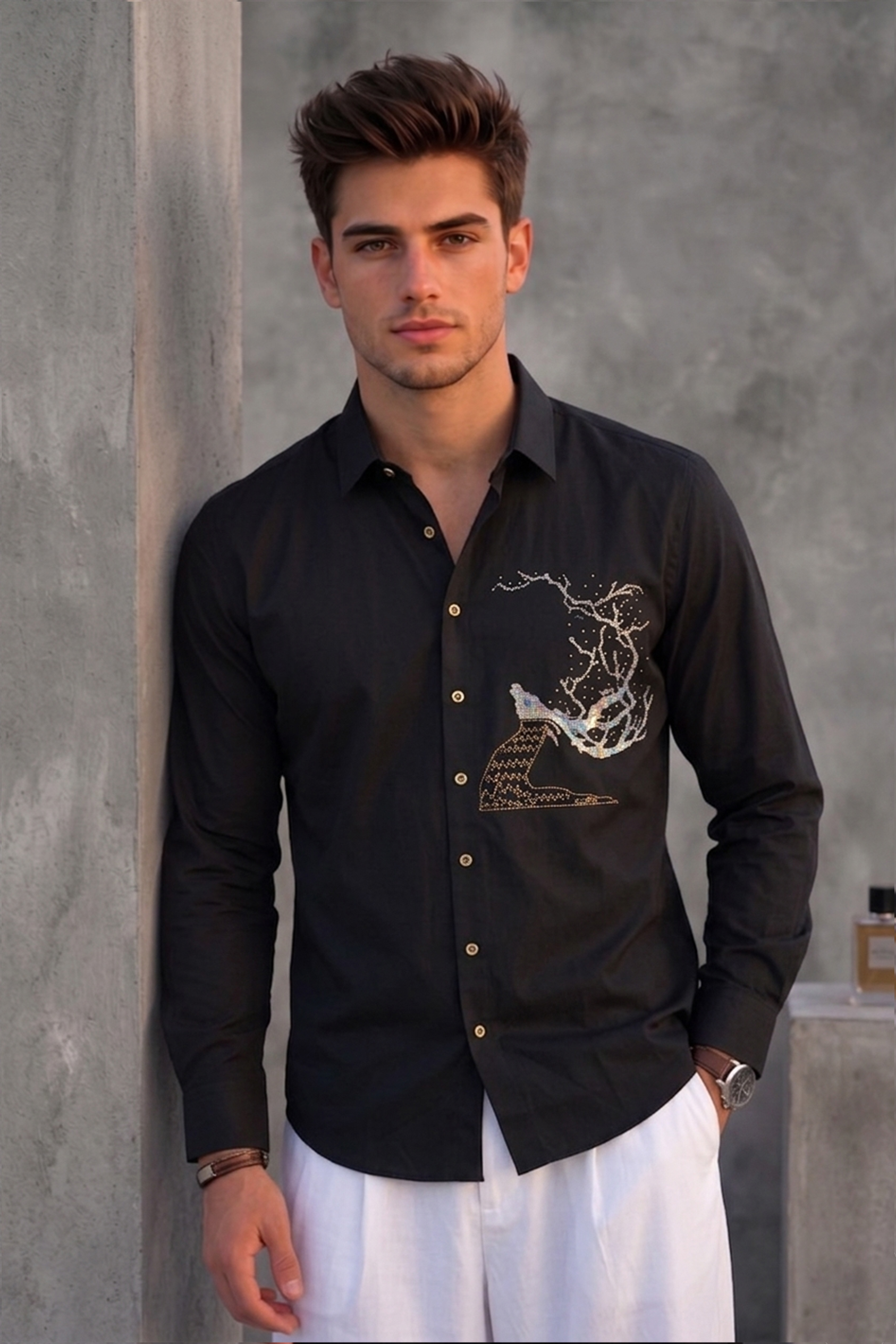 Men's Black Artistic Tree Embroidered Shirt – Slim Fit Party Wear