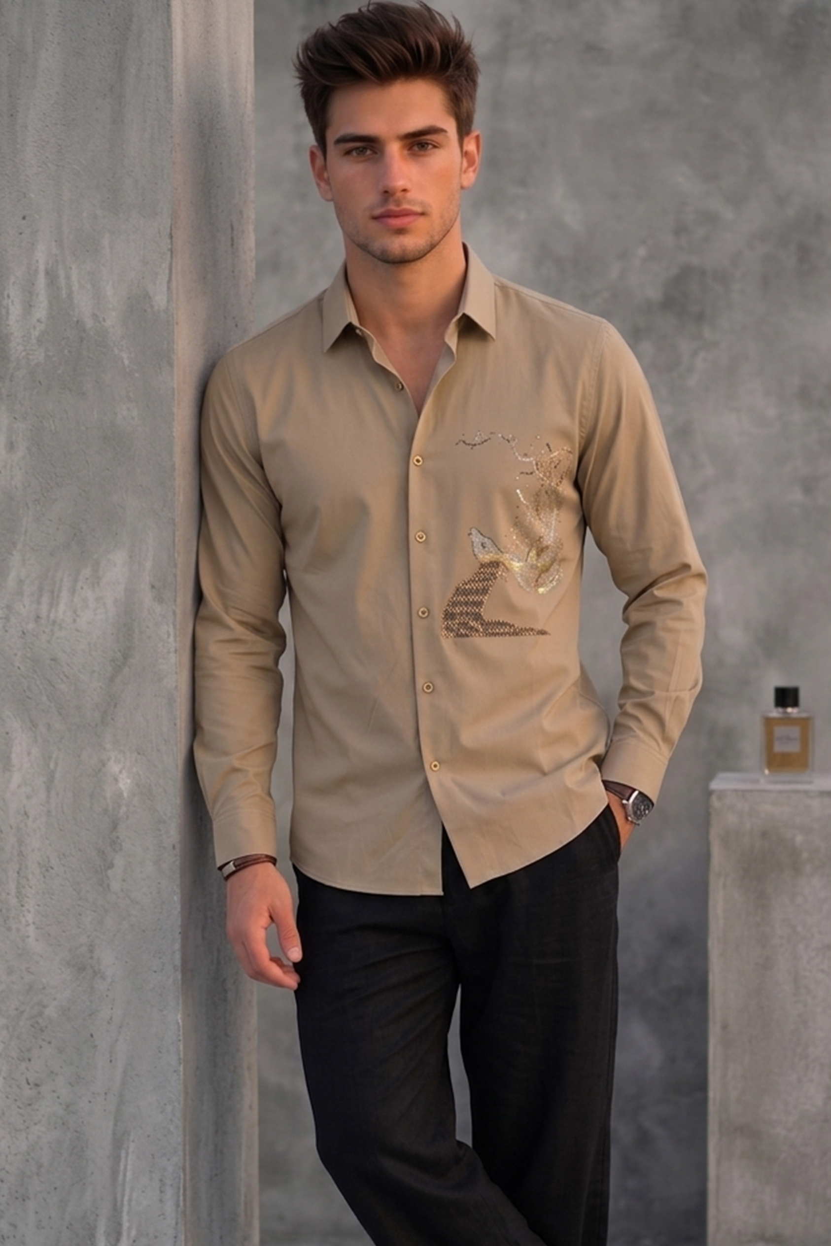 Men's Khaki Beige Artistic Embroidered Shirt – Slim Fit Party Wear