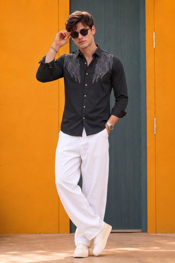 Men's Charcoal Grey Wing Embroidered Shirt – Slim Fit Party Wear