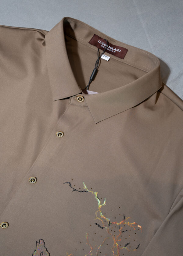 Men's Khaki Beige Artistic Embroidered Shirt – Slim Fit Party Wear
