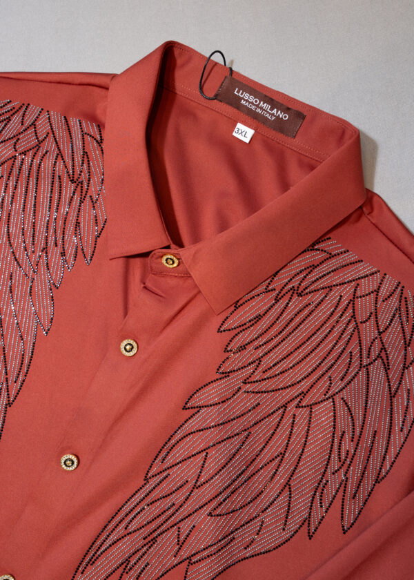 Men's Rust Orange Wing Embroidered Shirt – Slim Fit Party Wear