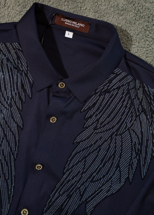 Men's Navy Blue Wing Embroidered Shirt – Slim Fit Party Wear