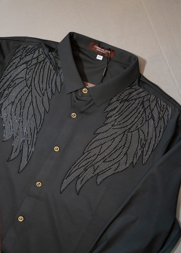 Men's Charcoal Grey Wing Embroidered Shirt – Slim Fit Party Wear