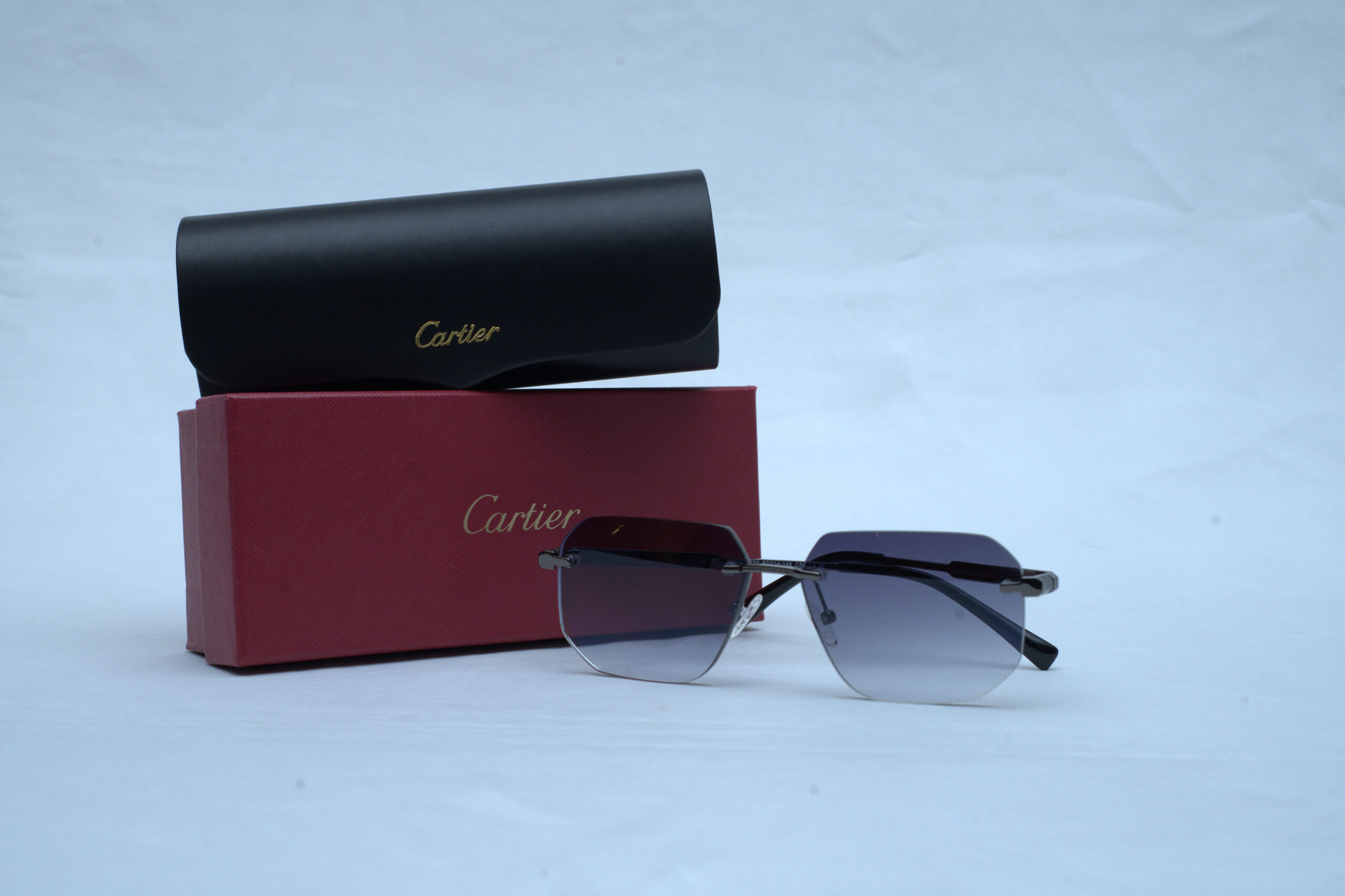 Cartier Luxury Men's Rimless Sunglasses - Silver Metal Hexagon Shades