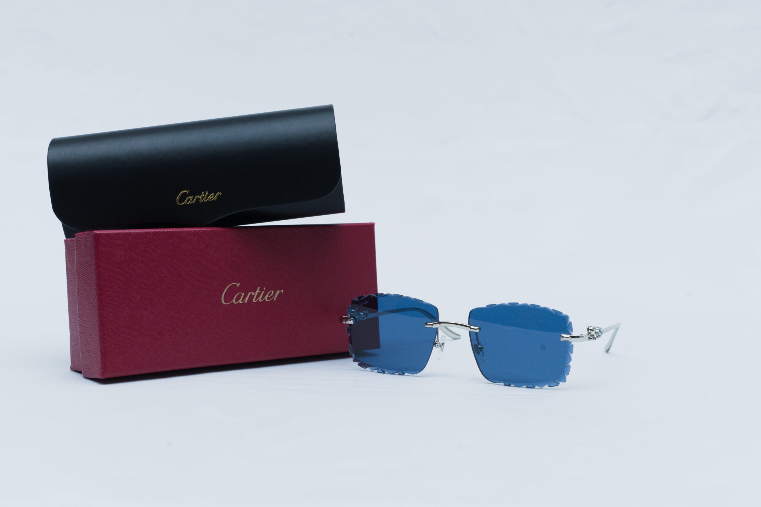 Cartier Luxury Men's Diamond Cut Sunglasses - Platinum Silver & Blue Shades