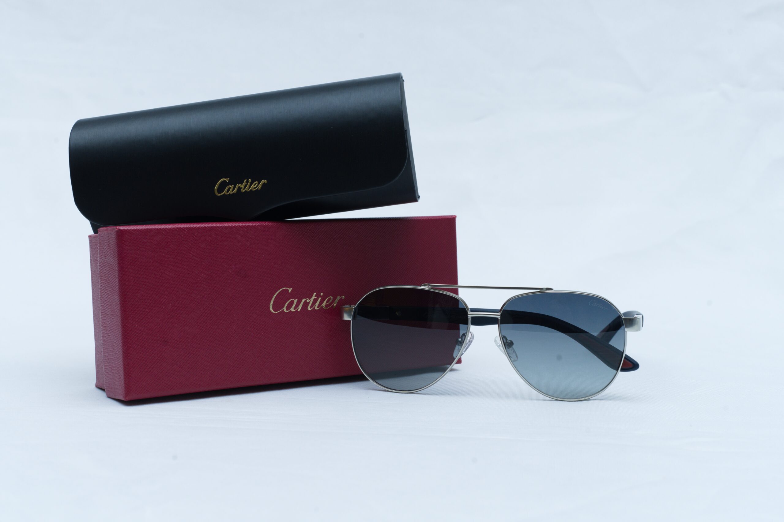 Cartier Luxury Men's Aviator Sunglasses - Silver Full Rim Double Bridge Shades