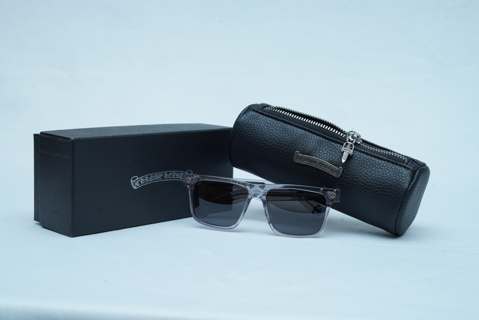 Chrome Hearts Luxury Men's Square Sunglasses - Translucent Gray Frames